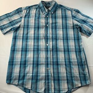 George Men's Teal and White Plaid Short-Sleeve Button-Down Shirt